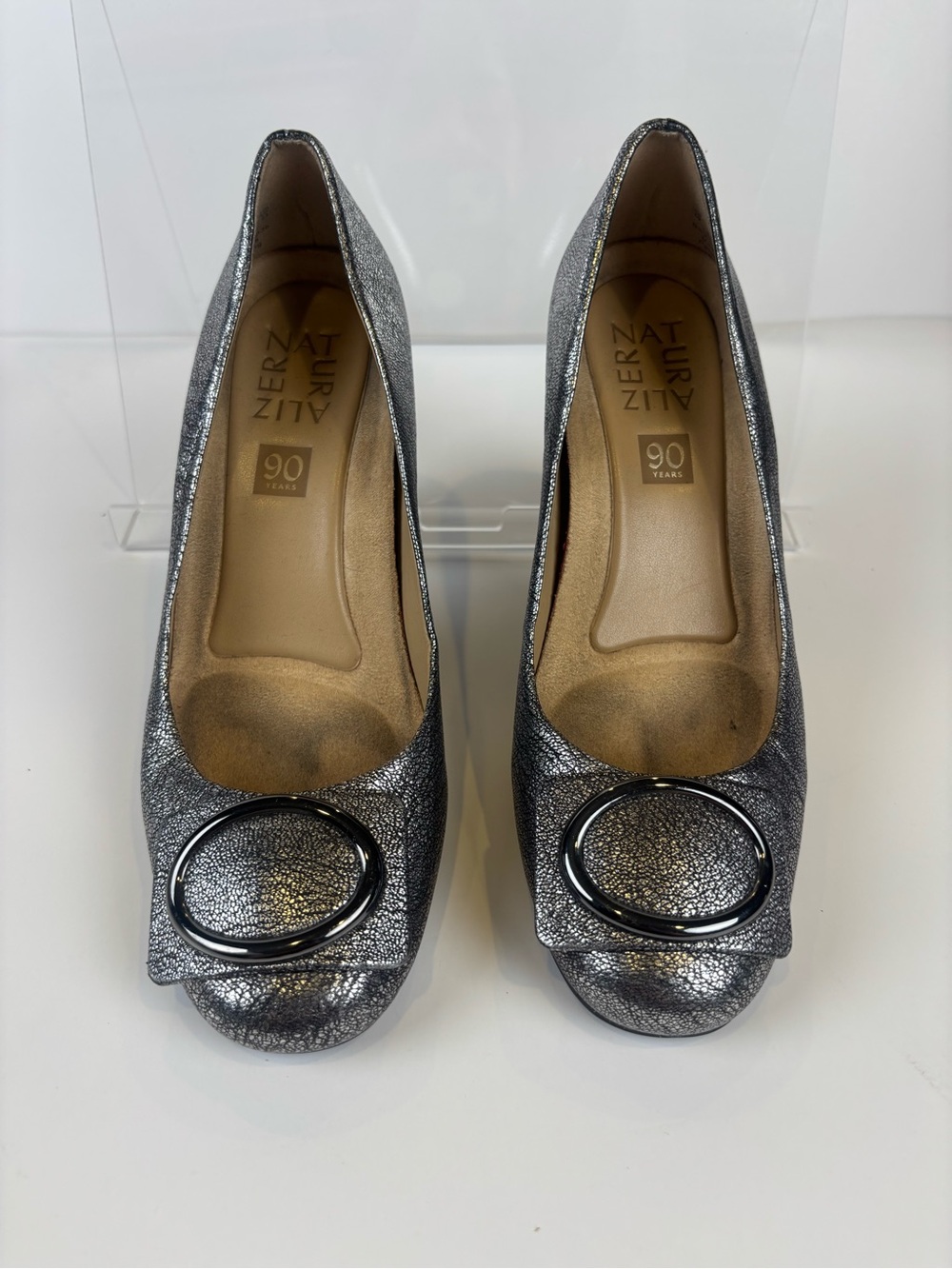Metallic Pebbled Leather Block Heel Pumps Size 6M